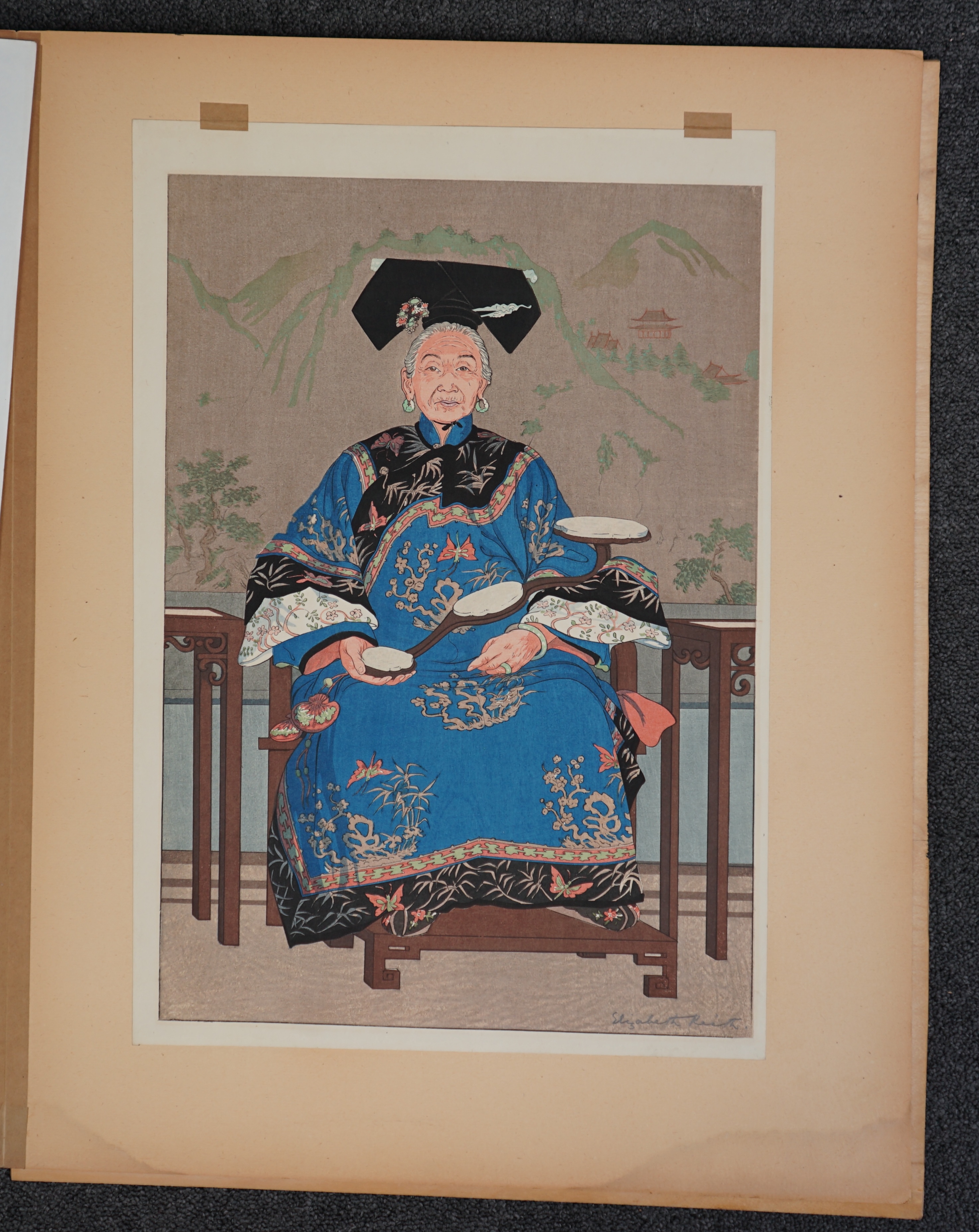 Elizabeth Keith (Scottish, 1887-1956), 'Manchu Lady of the Last Dynasty - Peking 1925', woodblock print, 45 x 31.5cm
